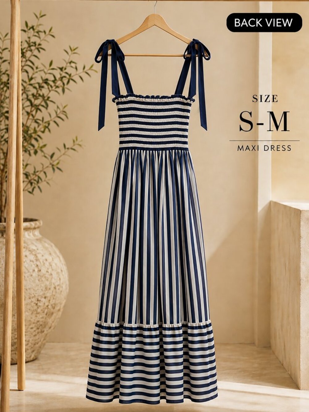 Summersalt Smocked Maxi Dress M Nautical Stripe Blue Mountain Bow Tie - Picture 5 of 13